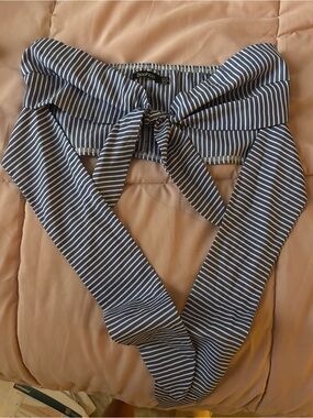 Boohoo Navy and White Striped Off-Shoulder Tie Top